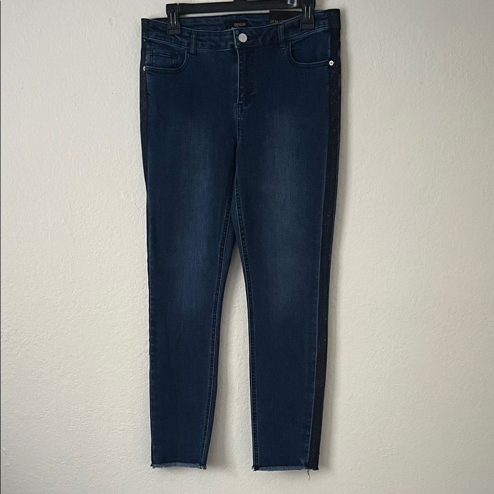 NWT Renuar Women's Dark Blue Skinny Jeans With Black Sparky Panel in Size 6